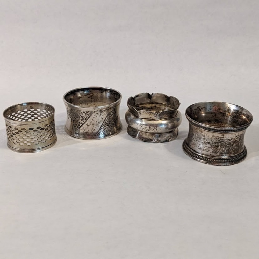 Lot of 4 Antique Vintage Mixed Silver Napkin Rings Engraved 1880 Eclectic